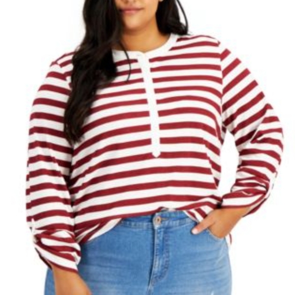 STYLE & CO PLUS SIZE COTTON RED & WHITE STRIPED TOP - Picture 2 of 8